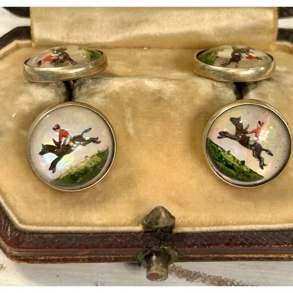 Antique VTG 14K Gold Intaglio Reverse Essex Crystal Horse Jockey Cufflinks Derby